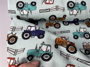 Bomuldsjersey - traktorer på mint bund